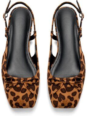 Women's Leapord Slingback Square Toe Bow Knit Ankle Buckle Satin Ballet Flats